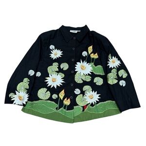VTG Anage Wearable Art Jacket Embroidered Water Lilies 100% Cotton XXL 2XL Novel